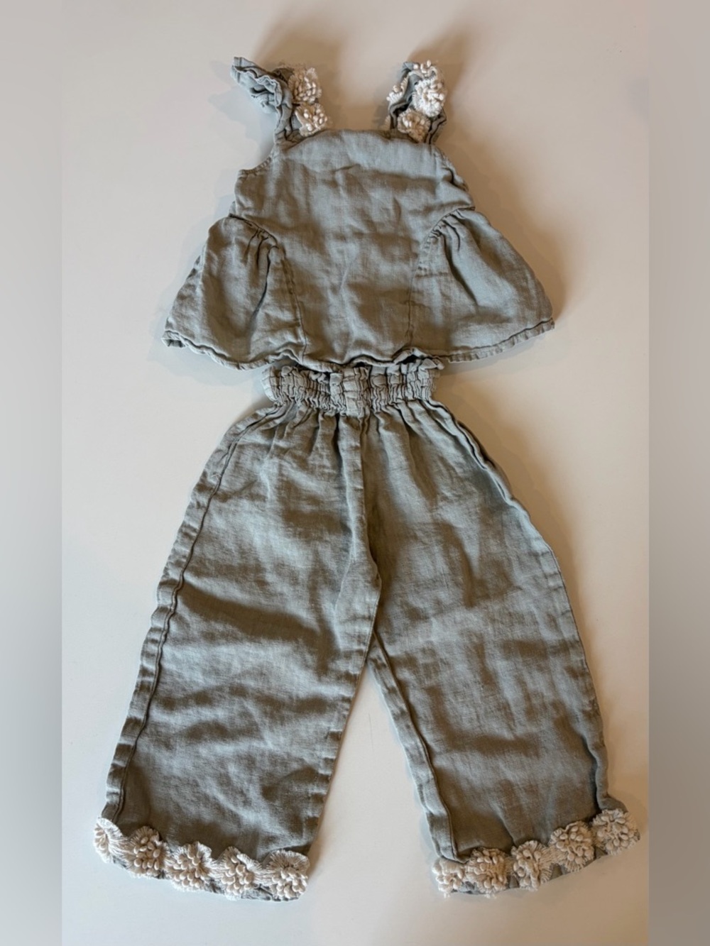 Zara Light Sage Green Linen Kids Matching Set with White Crochet Trim